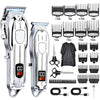 A professional cordless hair clipper trimmer set showing various blades and attachments with a power cord.