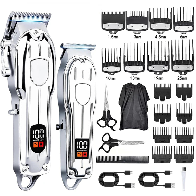 A professional cordless hair clipper trimmer set showing various blades and attachments with a power cord.