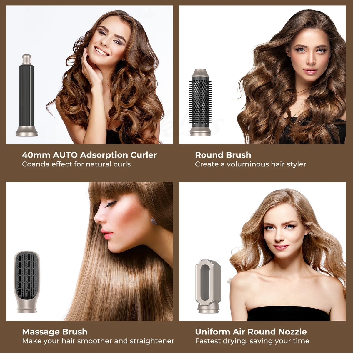 A collection of hair styling tools including a 40mm AUTO Adsorption Curler, Round Brush, Massage Brush, and Uniform Air Round