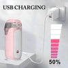 Nebulizador ultrasónico portátil rosa conectado a la pared, con indicador de carga al 50%