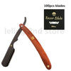 A brown wood handle for a razor blade is shown, with a box indicating 100 pieces of razor blades.