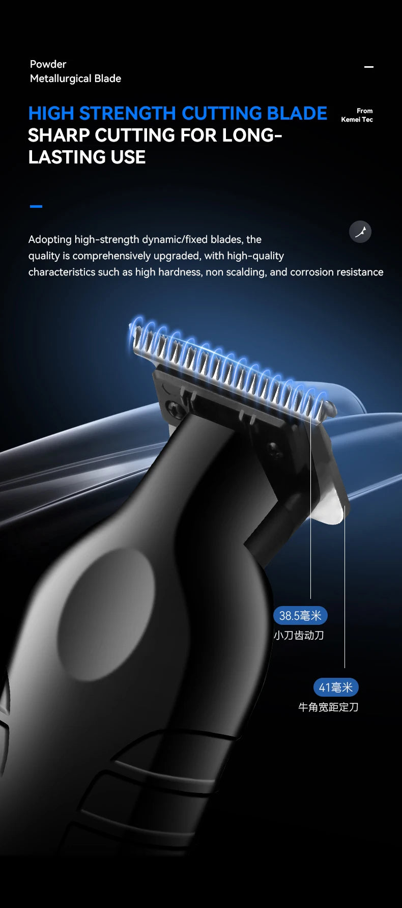 Close-up of a black cordless hair trimmer with a sharp cutting blade visible on the head.