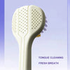 Brosse à dents beige clair anglée avec poils et base violette, utilisée pour nettoyer la langue et rafraîchir l'haleine.