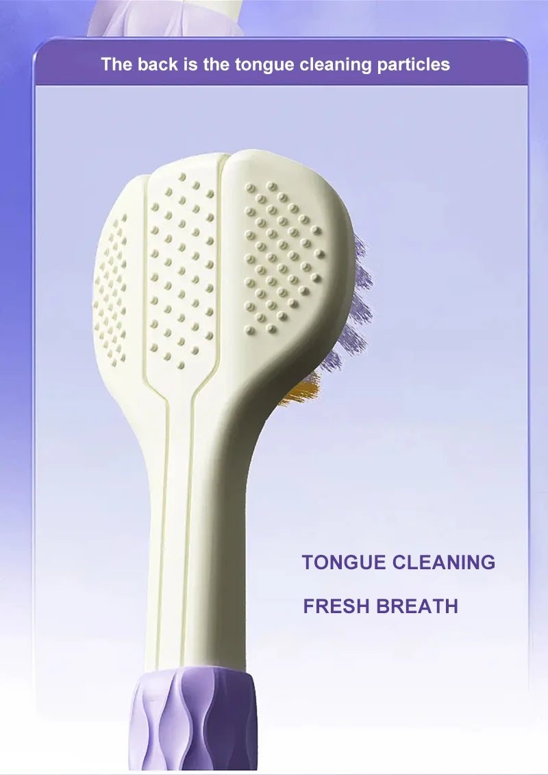 Brosse à dents beige clair anglée avec poils et base violette, utilisée pour nettoyer la langue et rafraîchir l'haleine.