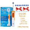 A set of Oral-B electric toothbrushes and brush heads in various colors displayed next to the packaging.