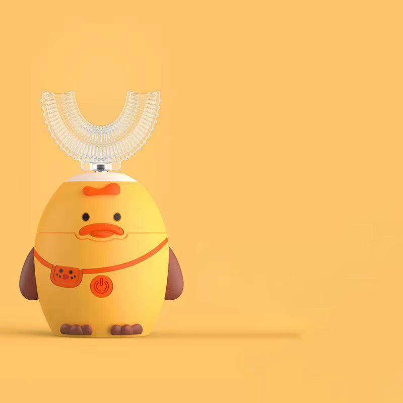 A yellow duck-shaped electric toothbrush for kids with a white bristles head