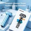 A blue Panasonic Hammer Shaver electric shaver displayed on a white surface.