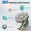 A close-up view of a 9D floating head shaver showing various blade components and the complete shaving device.