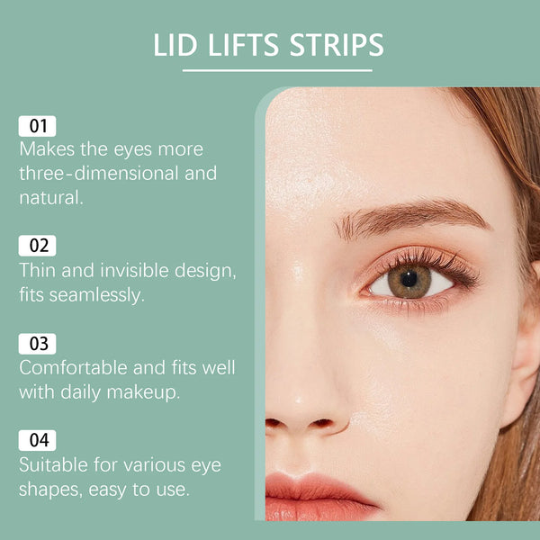 Close-up of an eye showing the application of lid lifts strips for a natural look.