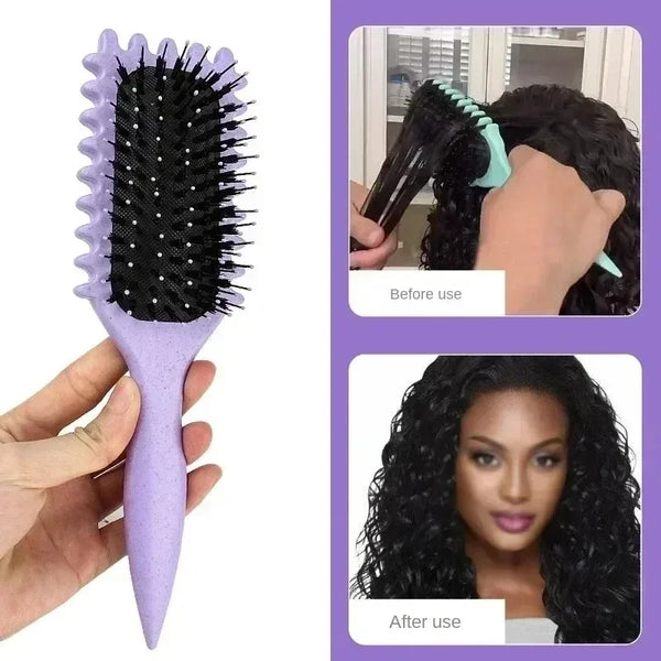 A purple tangle-free curly hair styling comb being used on dark curly hair.
