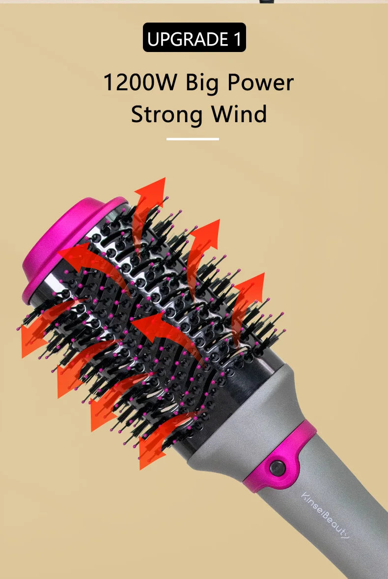 Nahaufnahme einer grauen Haarbürste mit rosa Akzenten und schwarzen Borsten, die die Upgrade-Funktion zeigt.