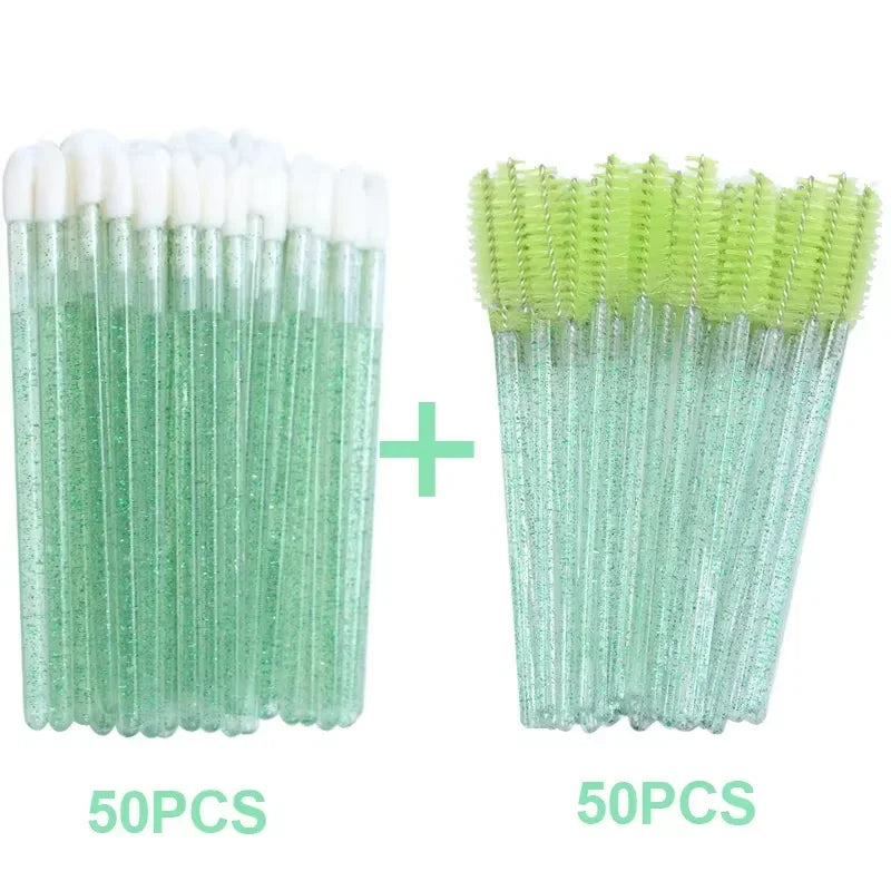 A set of 100 disposable eyelash and eyebrow brushes, including green and lime yellow varieties.