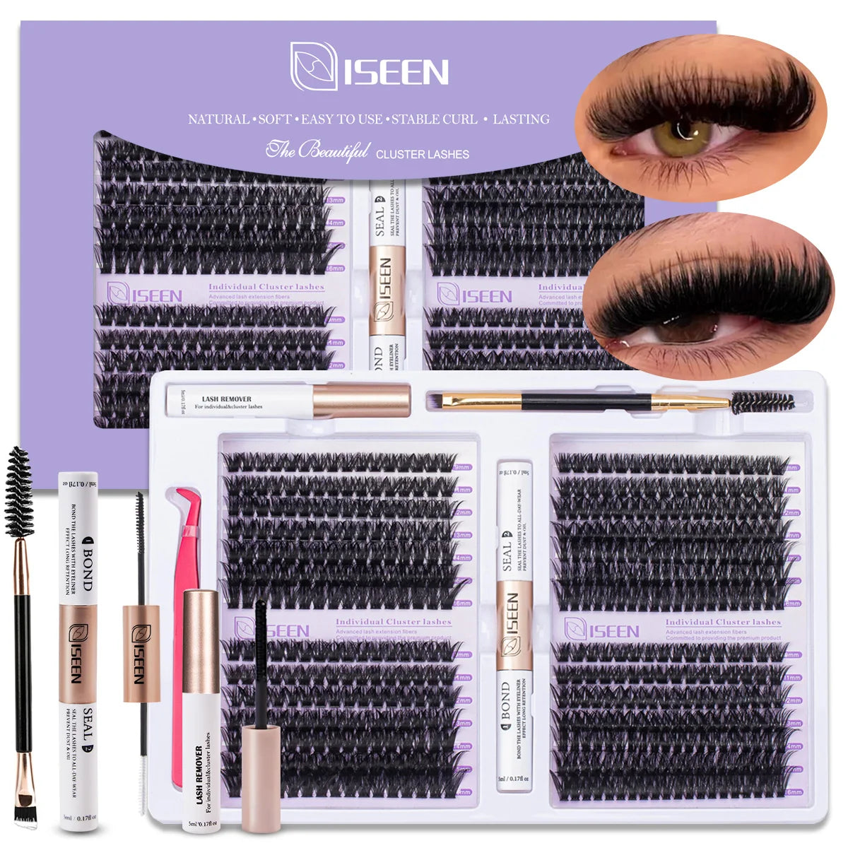 A kit of individual cluster lashes with bond and seal tweezers shown next to a model eye.