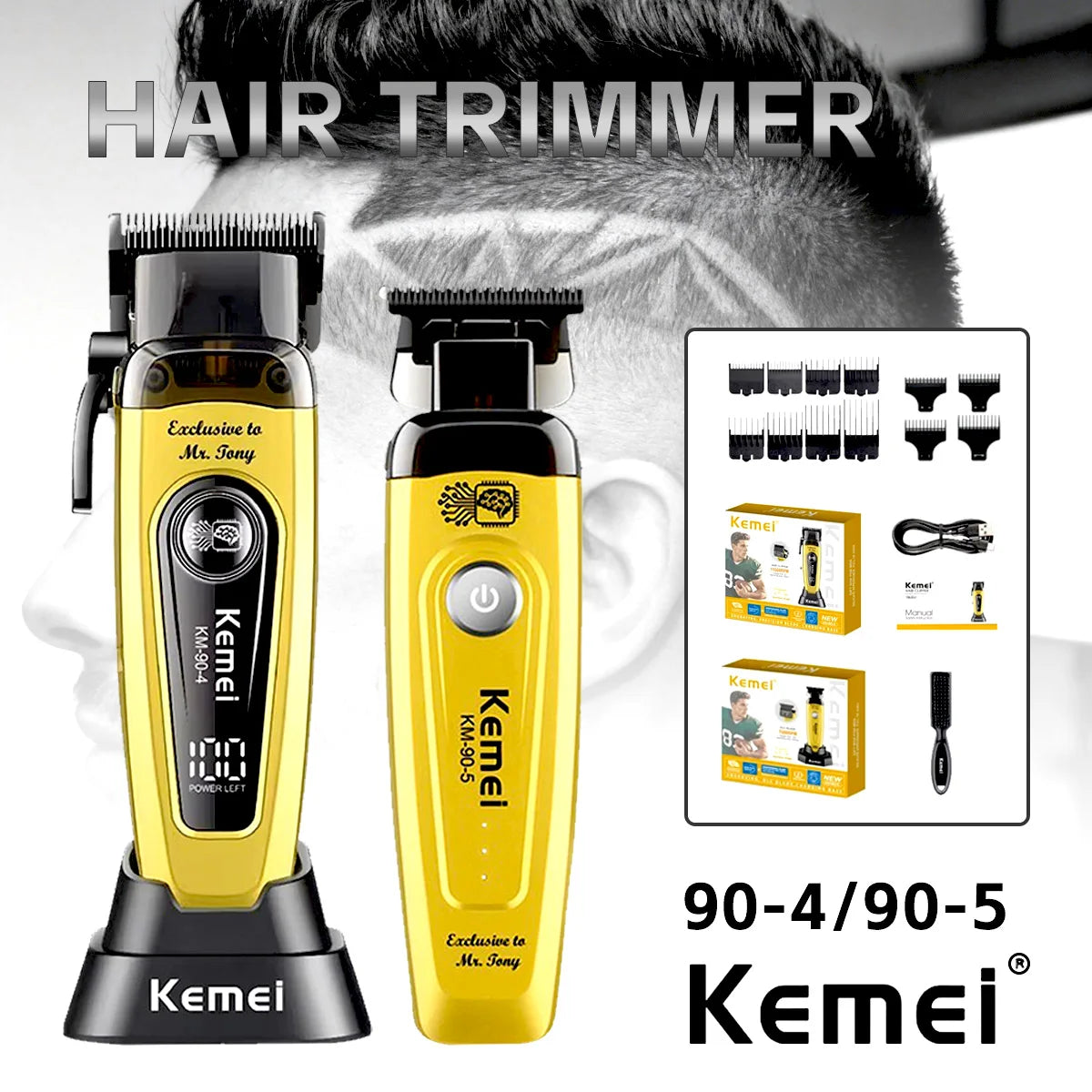 A yellow Kemei hair trimmer and clipper set displayed against a background of a person's head.