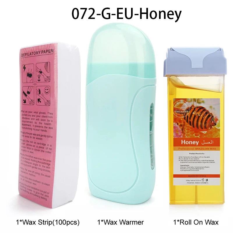 A set of professional waxing tools including a wax warmer, depilatory paper, and a roll-on wax container.