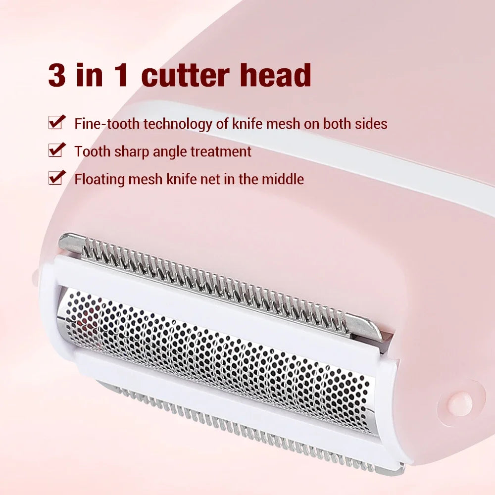 A pink electric mini shaver with a 3 in 1 cutter head is shown, featuring fine-tooth mesh and tooth sharp angle treatment.