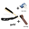 A black straight edge barber razor with a gold handle and a brown razor bag, accompanied by ten blades.