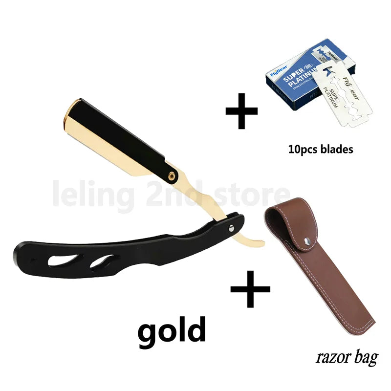 A black straight edge barber razor with a gold handle and a brown razor bag, accompanied by ten blades.