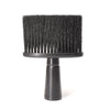 A black soft bristle hair duster brush used for salon and barbershop work.