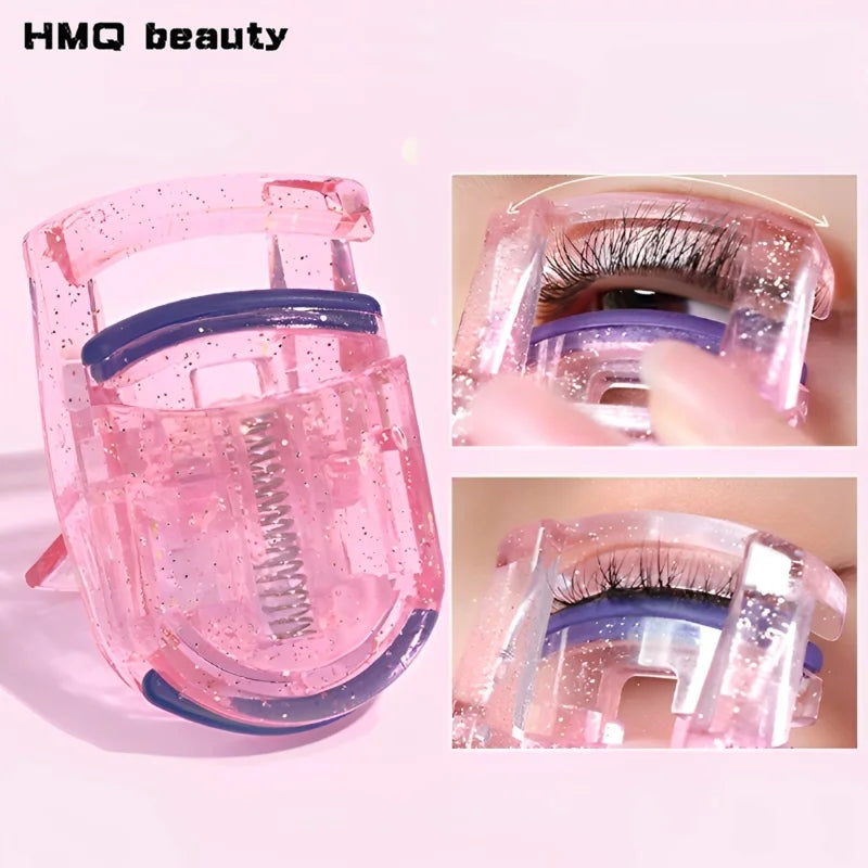 A pink portable mini eyelash curler set shown in various angles.