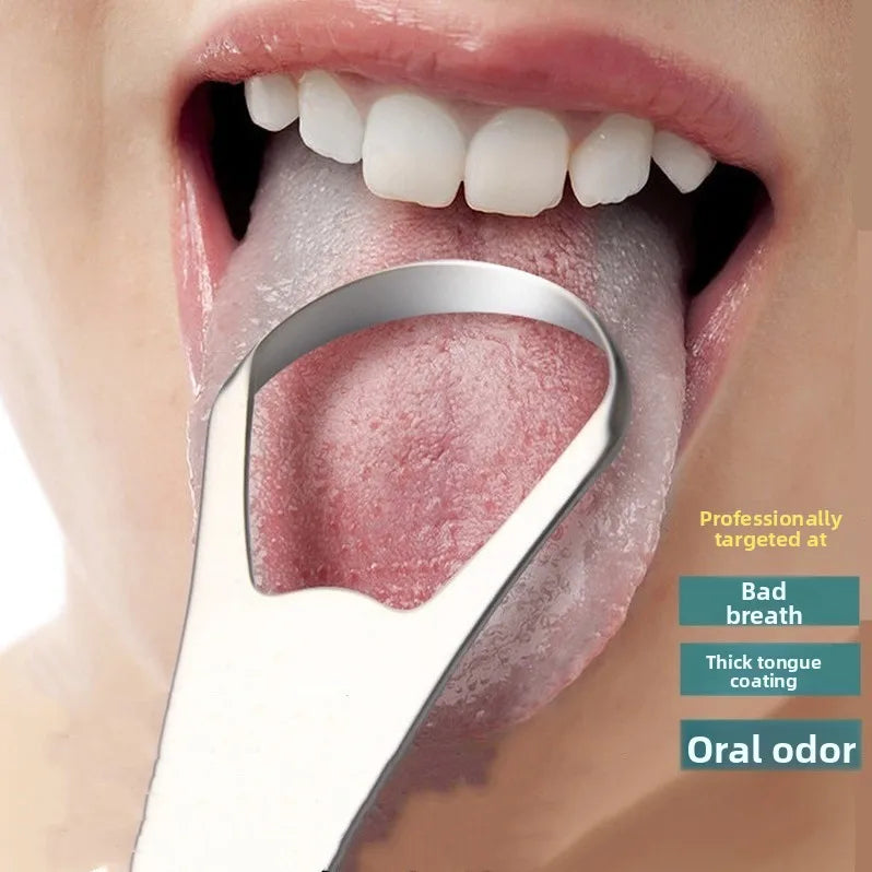 A stainless steel tongue scraper is shown being used inside a person's mouth to clean the tongue for bad breath.