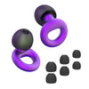 A set of purple and black silicone ear plugs for noise reduction, shown in various forms.