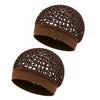 A dark brown crocheted satin wrap cap bonnet for hair and sleeping.