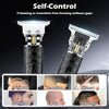 A professional cordless hair clipper and beard trimmer with various guard attachments shown alongside different haircut style