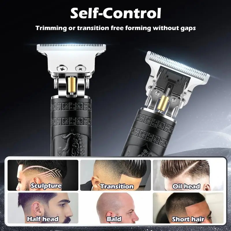 A professional cordless hair clipper and beard trimmer with various guard attachments shown alongside different haircut style