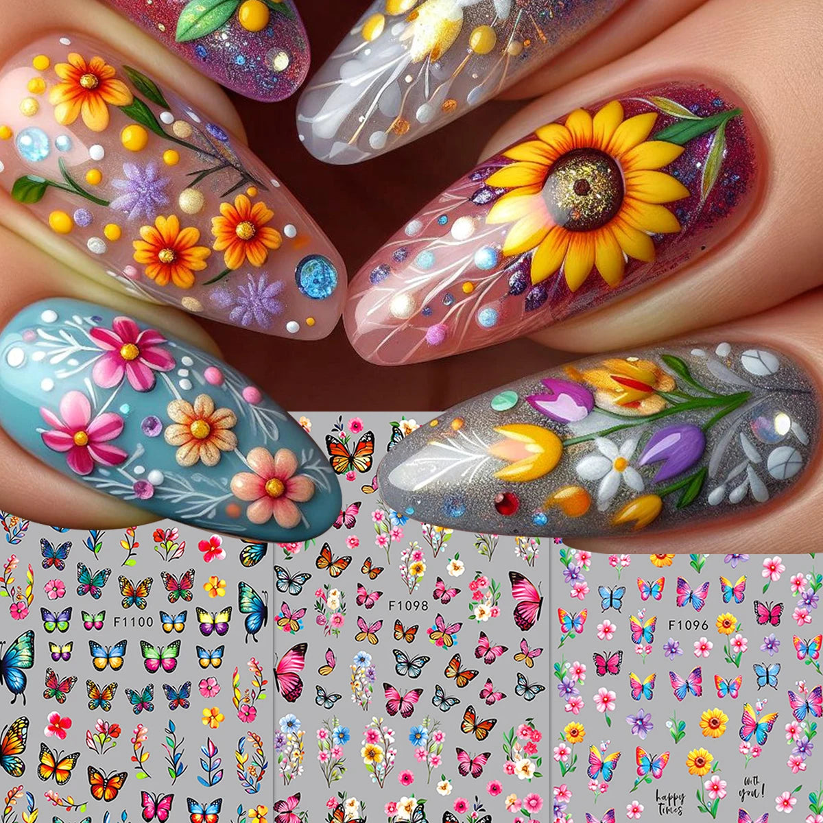 Close-up of fingernails decorated with colorful flower and butterfly nail stickers for DIY decoration