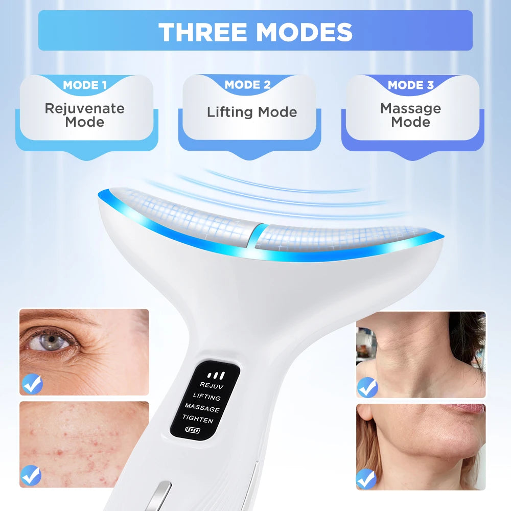 A white multi-mode LED beauty and massage device is shown with three modes: Rejuvenate, Lifting, and Massage.