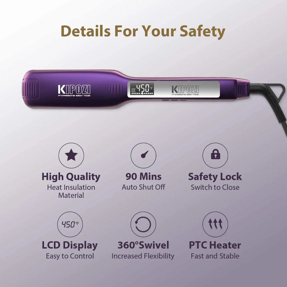 Purple KIPOZI flat iron hair straightener with LCD display and PTC heater features