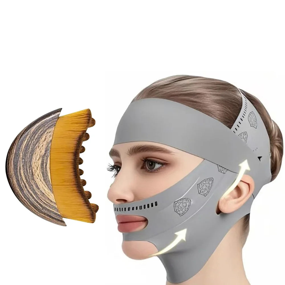 A person is wearing a grey lymphatic sculpting bandage and massage brush set on their face and temple.