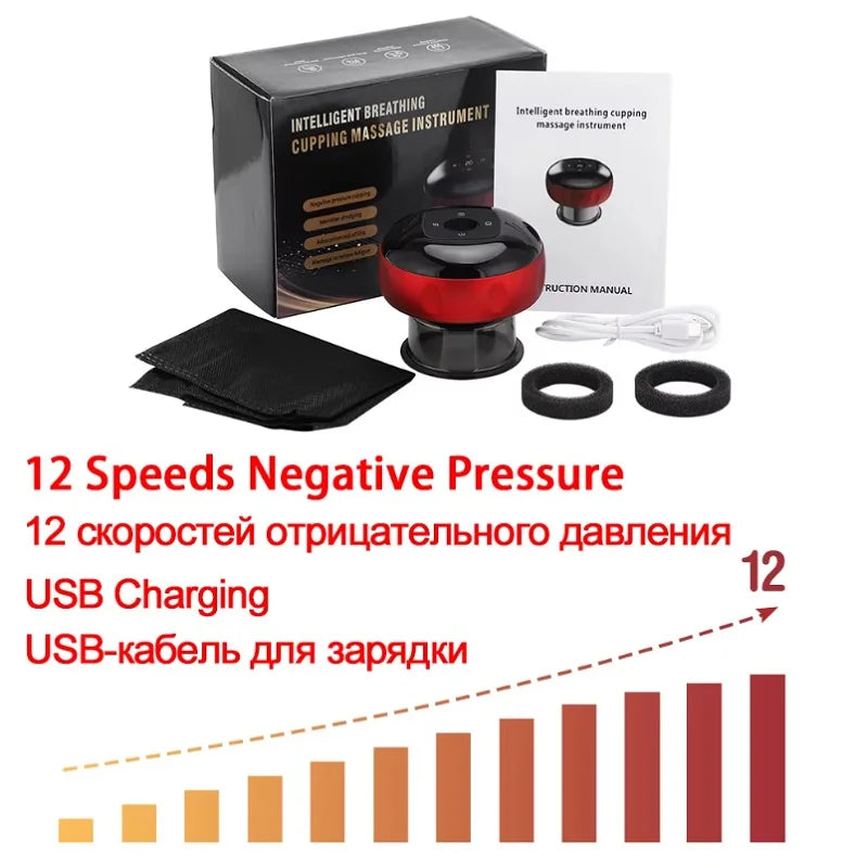 Black and red intelligent breathing cupping massage instrument with accessories and manual