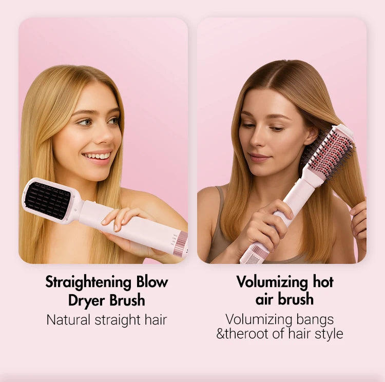 Zwei Frauen demonstrieren einen Glätteisen-Haartrockner und einen Volumen-Heißluftbürsten für die Haarpflege