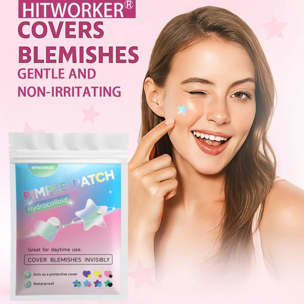 A woman applies a Hitworker Pimple Patch hydrocolloid product to her skin.