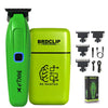 A bright lime green professional hair clipper and battery set with various attachments shown on a white background.