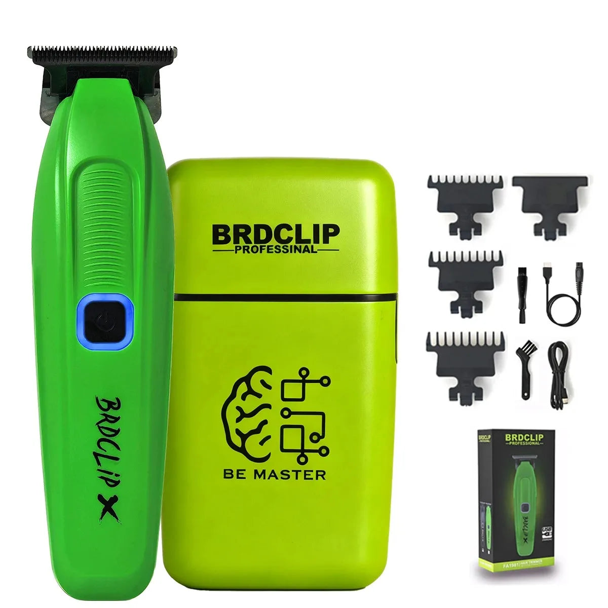 A bright lime green professional hair clipper and battery set with various attachments shown on a white background.