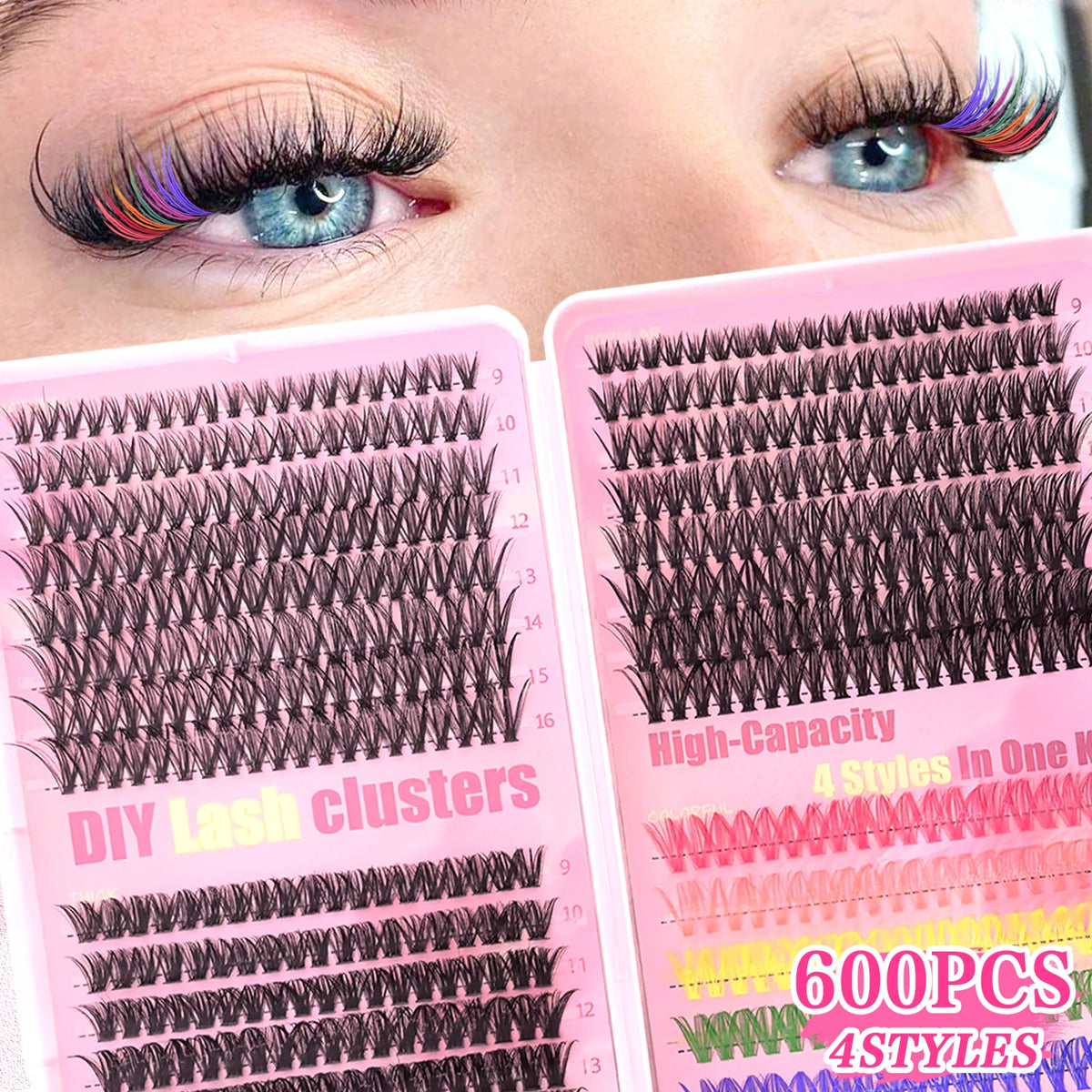A close-up of a pink lash kit showing DIY lash clusters and high-capacity false eyelashes for beginners