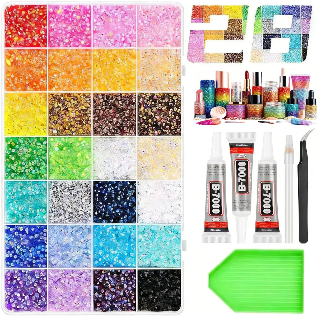 Collection de 28 pièces de décorations en paillettes et strass pour loisirs créatifs DIY, de diverses couleurs et textures.