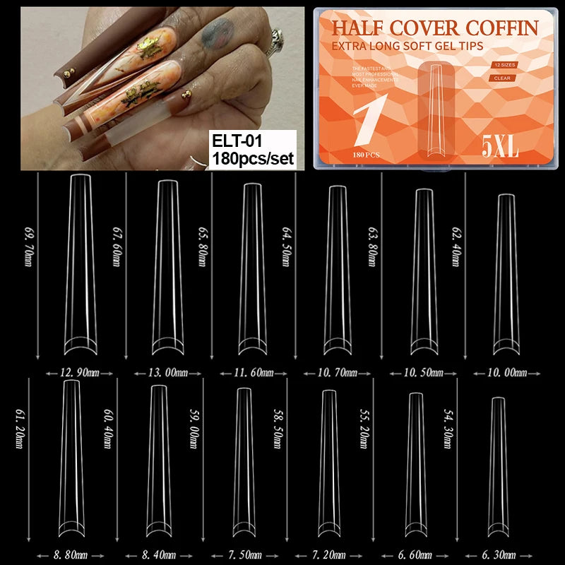 Un set de 180 tips de gel souple longs et variés pour ongles acryliques.
