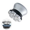 Silver magnetic rotary electric hair shaver head with multiple cutting discs shown from above and below