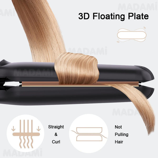 Plancha y rizador flotante negro 3D mostrando una sección de cabello rubio siendo procesada.