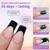 Close-up of almond press-on nails in rich coffee black showing application steps for nail protection and curing.