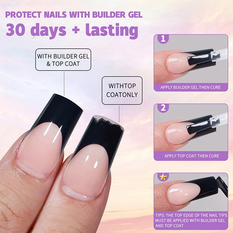 Close-up of almond press-on nails in rich coffee black showing application steps for nail protection and curing.
