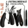 A set of five professional heavy-duty stainless steel toenail clippers and a single nail file displayed on a white background