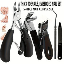 A set of five professional heavy-duty stainless steel toenail clippers and a single nail file displayed on a white background