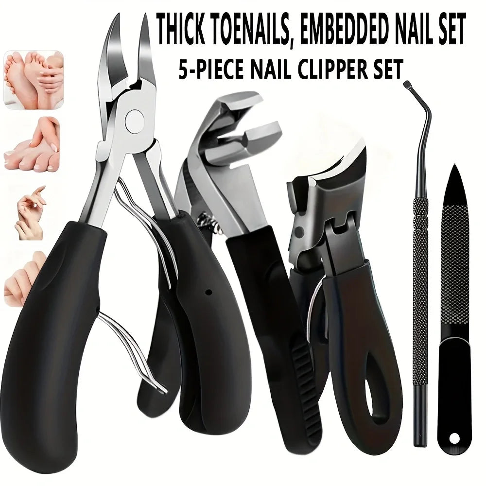 A set of five professional heavy-duty stainless steel toenail clippers and a single nail file displayed on a white background