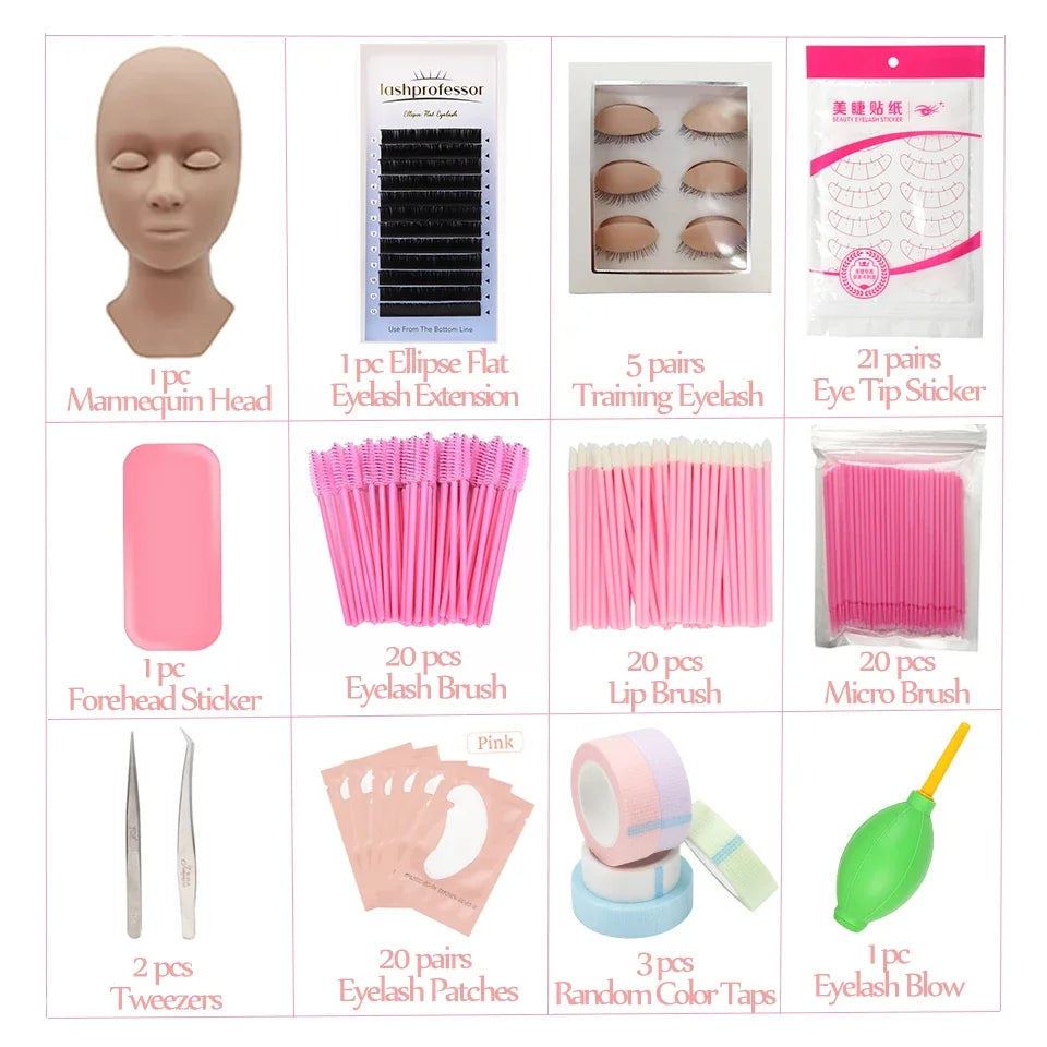 A set of eyelash extension practice products including a silicone mannequin head, lash extensions, brushes, patches, tweezers