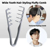 A gray wide tooth hair styling comb shown alongside a textured styling comb and a model using the comb.